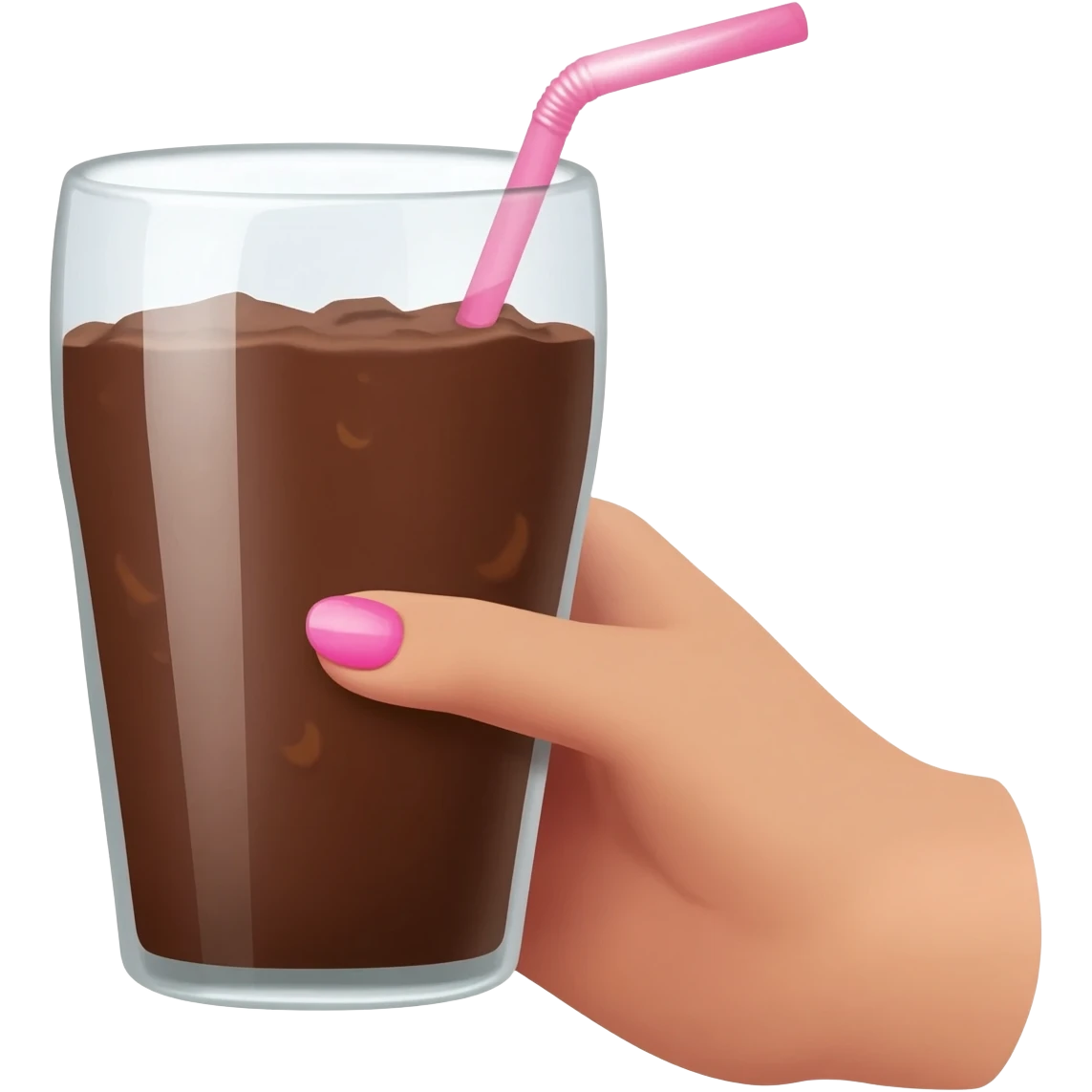 chocolat froid dans un grand verre avec une paille tenue par le bout d'une jolie main de femme avec une belle manucure Style Pinterest réaliste Avec une bordure blanche emoji