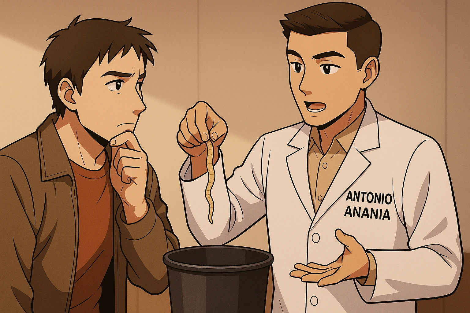 fai un webtoon manga a colori con questo stile, in cui un uomo ascolto il kinesiologo con il camice bianco (fagli anche la scritta "ANTONIO ANANIA" SUL CAMICE, il kinesiologo con il camice lascia cadere un verme lungo e beige chiaro nella spazzatura, IL KINESIOLOGO SPIEGA ALL'UOMO UNA cosa. L'UOMO ha un ESPRESSIONE pensierosa IN VOLTO mentre si tocca il mento con l'indice. non fare i fumetti però, fai solo in modo che sembri stiano parlando emoji