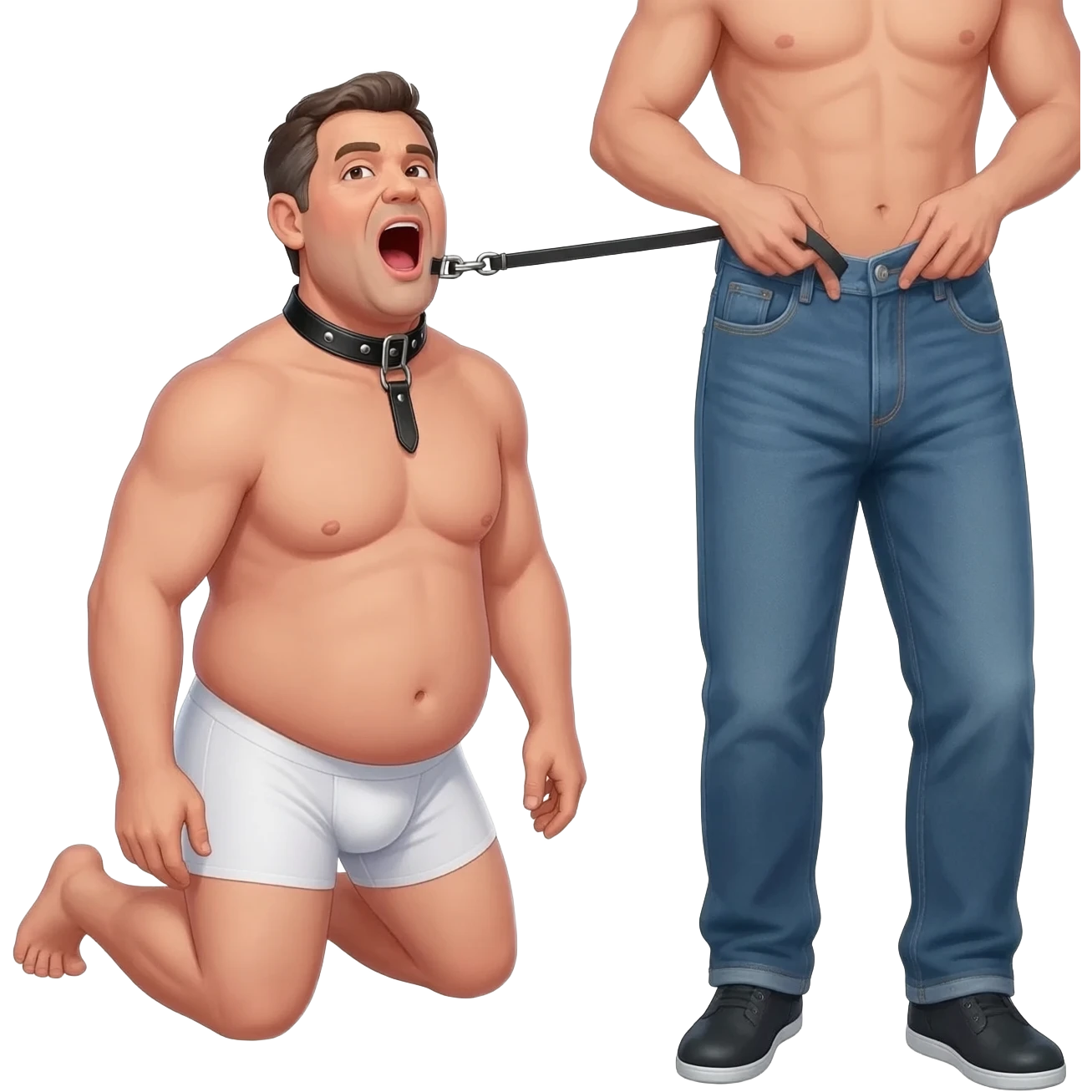Forty year old stocky guy in white briefs on his knees with mouth wide open and a black leather collar around his neck. a man stands behind him in jeans and only his legs visible and pulling on a leash attached to the collar. Another man in jeans stands in front unbuttoning his pants emoji