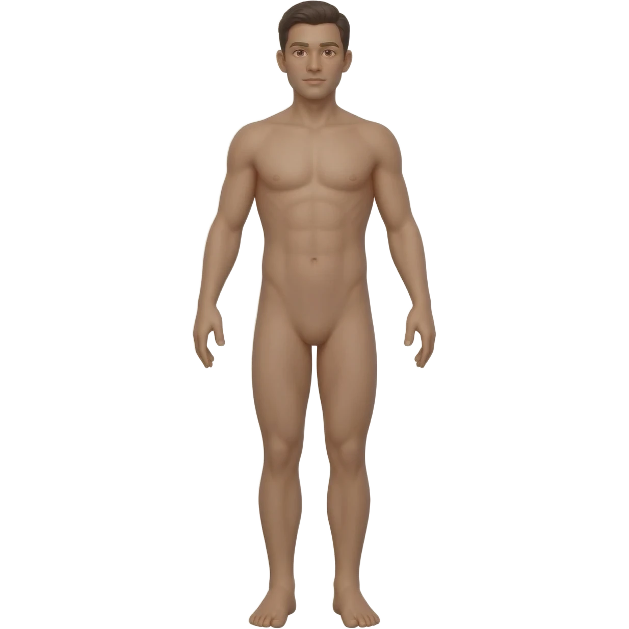 cuerpo humano completo con piel, vista frontal, mostrando todo el cuerpo desde la cabeza hasta los pies, proporciones anatómicas correctas, brazos a los lados del cuerpo, piernas rectas, rostro neutral, piel natural emoji