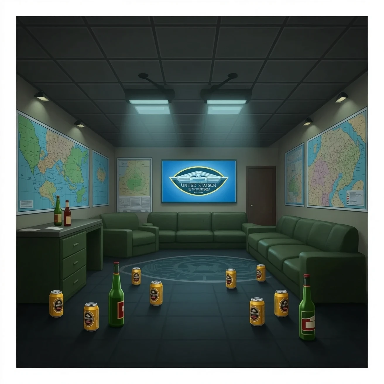 the United States pentagon turned into a war room/party pad with beer cans a liquor bottles, pentagon war room emoji