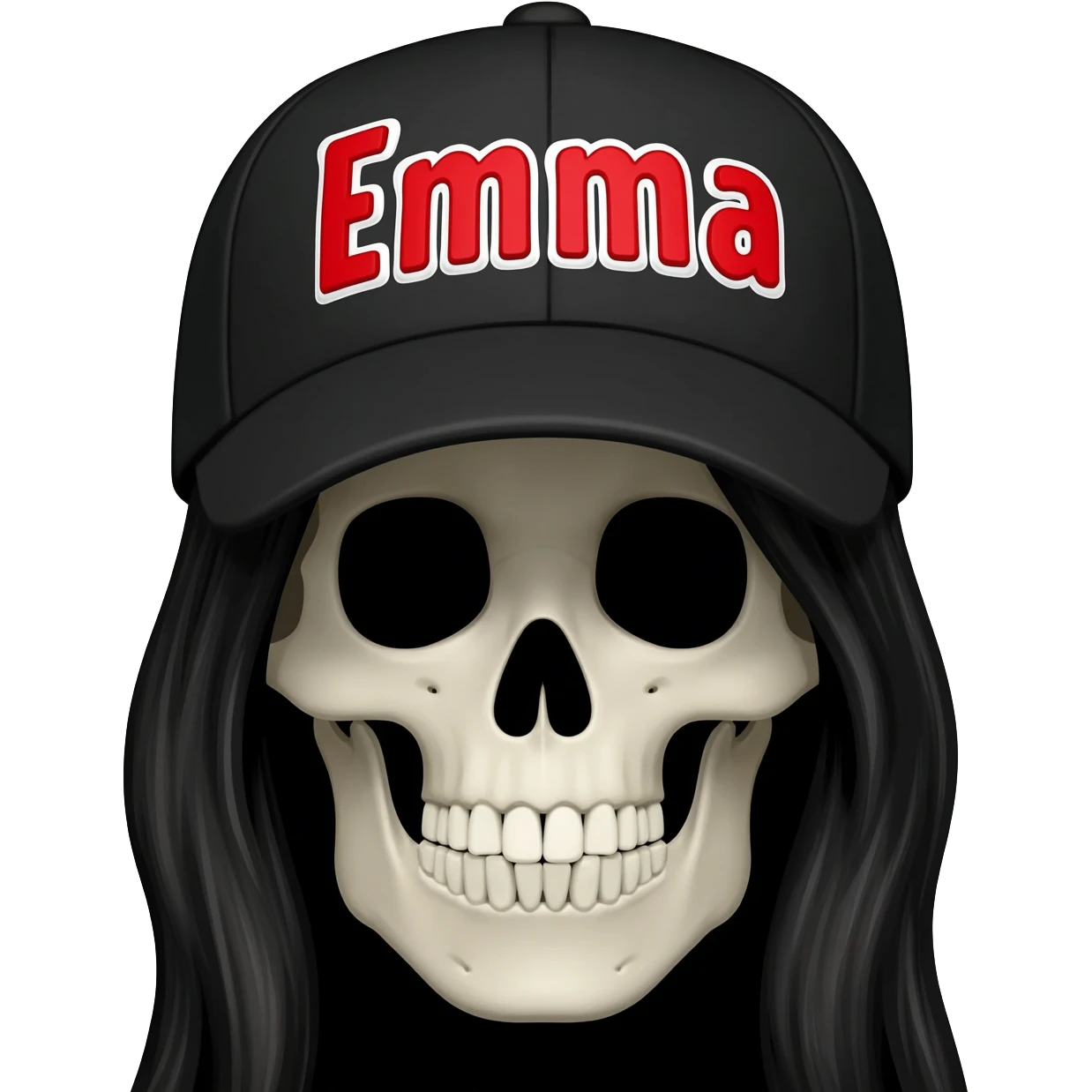 Create a skeleton head wearing a black baseball cap that says " Emma " in red, and white lettering, with long black hair emoji