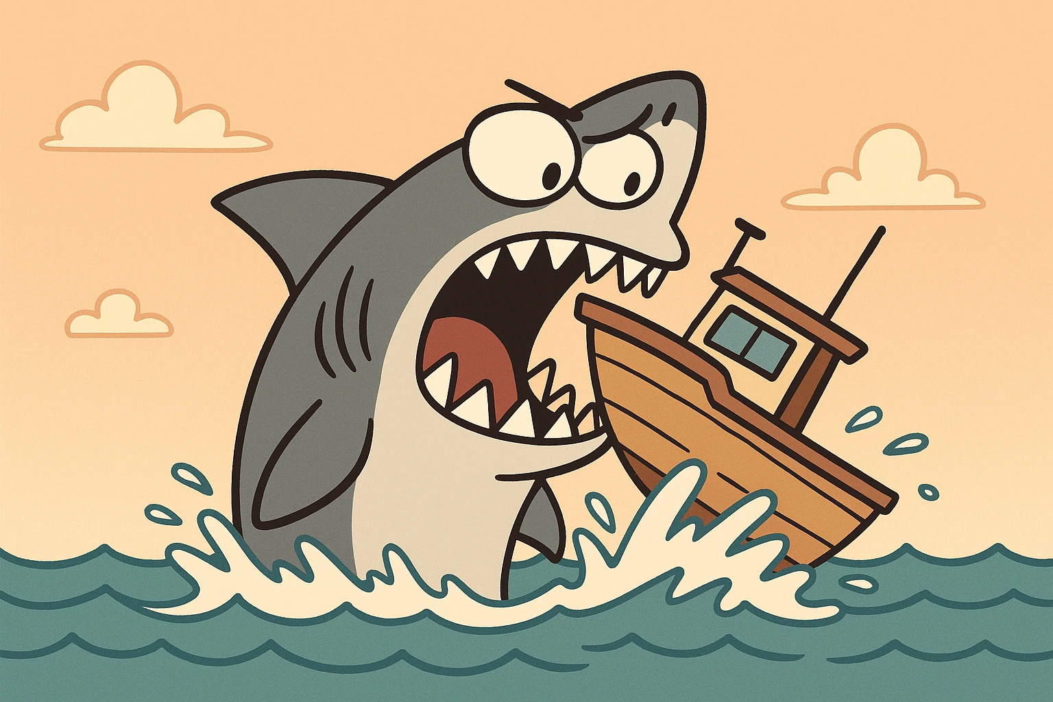 a shark eating a boat, cartoon style, simple shapes, bold lines, playful emoji