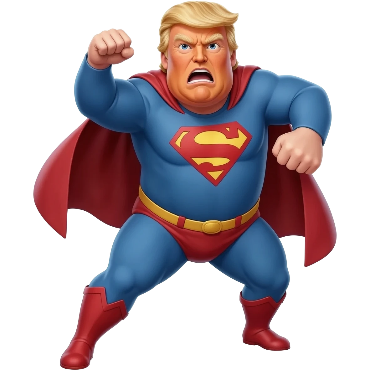 an angry old and fat President Donald Trump in a realistic style, even more realistic and not cartoonist at all, make it un flatering, real life photo, powering up for a super hero attack, full body, photo realism emoji