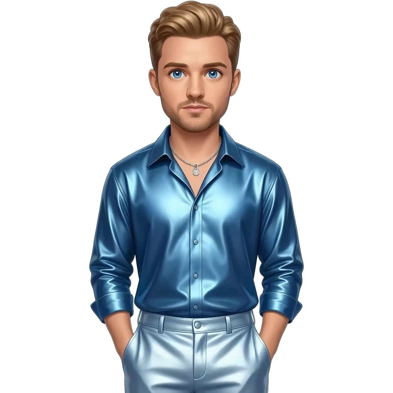 Justin Timberlake from NSYNC with blue eyes, golden brown hair, long steel blue metallic shirt, light steel blue metallic long baggy pants, silver necklace emoji