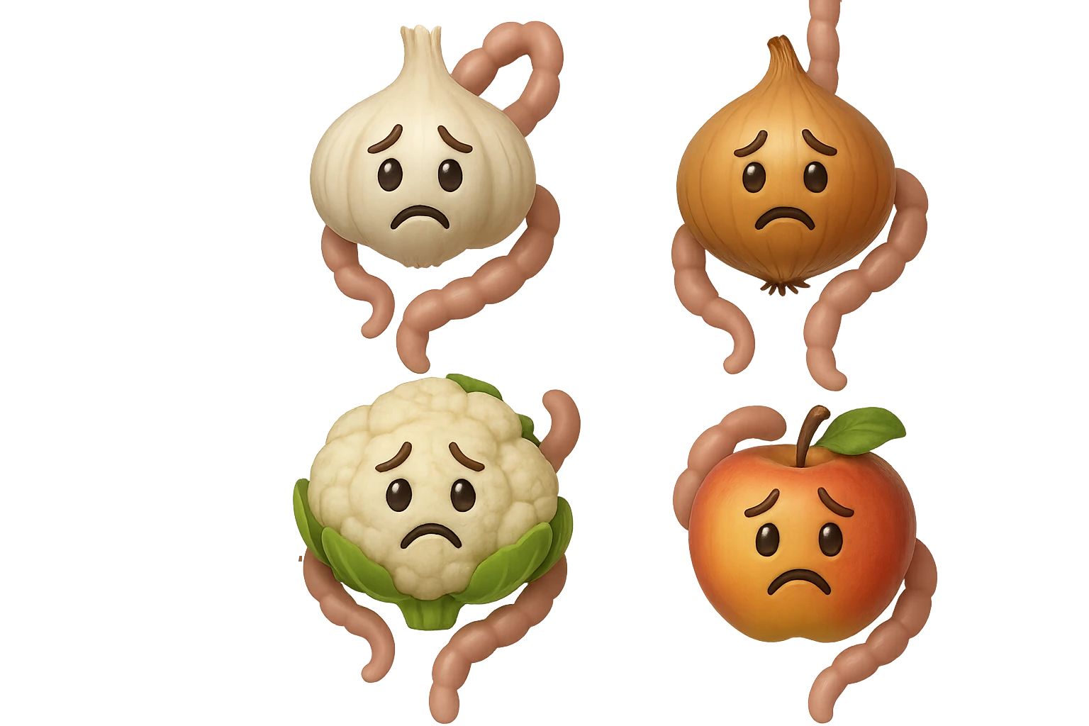 EMOJI STILE IPHONE DI aglio, cipolle, cavolfiore e mele che cadono verticalmente dall'alto con espressione triste con pezzi di colon avvolti intorno, IPERREALISTICO 4K emoji