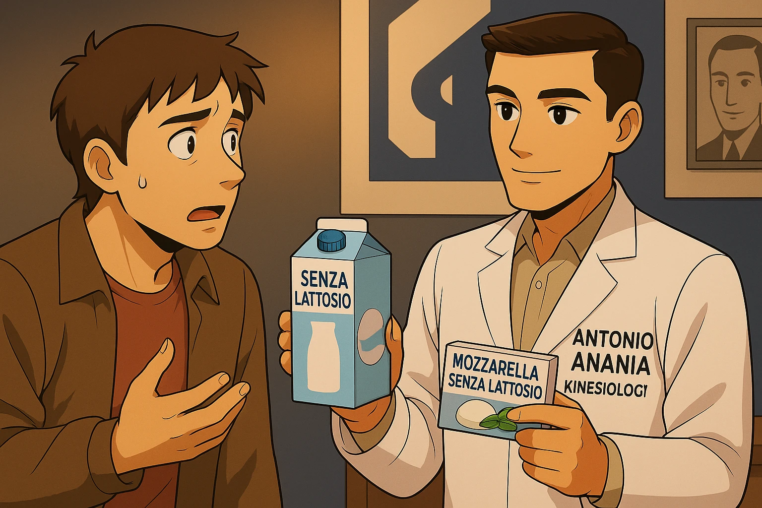 fai un webtoon manga a colori con questo stile, in cui un uomo ASCOLTA Il kinesiologo con il camice bianco (fagli anche la scritta "ANTONIO ANANIA" SUL CAMICE, IL KINESIOLOGO SPIEGA ALL'UOMO UNA MOSTRANDO VARI PRODOTTI DA SUPERMERCATO CONFEZIONATI (TIPO SCATOLA DI LATTE SENZA LATTOSIO, MOZZARELLA SENZA LATTOSIO), OGNI CONFEZIONE HA LA SCRITTA "SENZA LATTOSIO SULL'ETICHETTA. L'UOMO OSSERVA IL KINESIOLOGO CON ESPRESSIONE CONFUSA IN VOLTO. non fare i fumetti però, fai solo in modo che sembri stiano parlando emoji