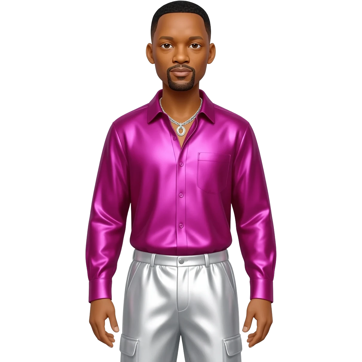 Will Smith with black hair, fuchsia metallic shirt, white metallic baggy pants, silver necklace emoji