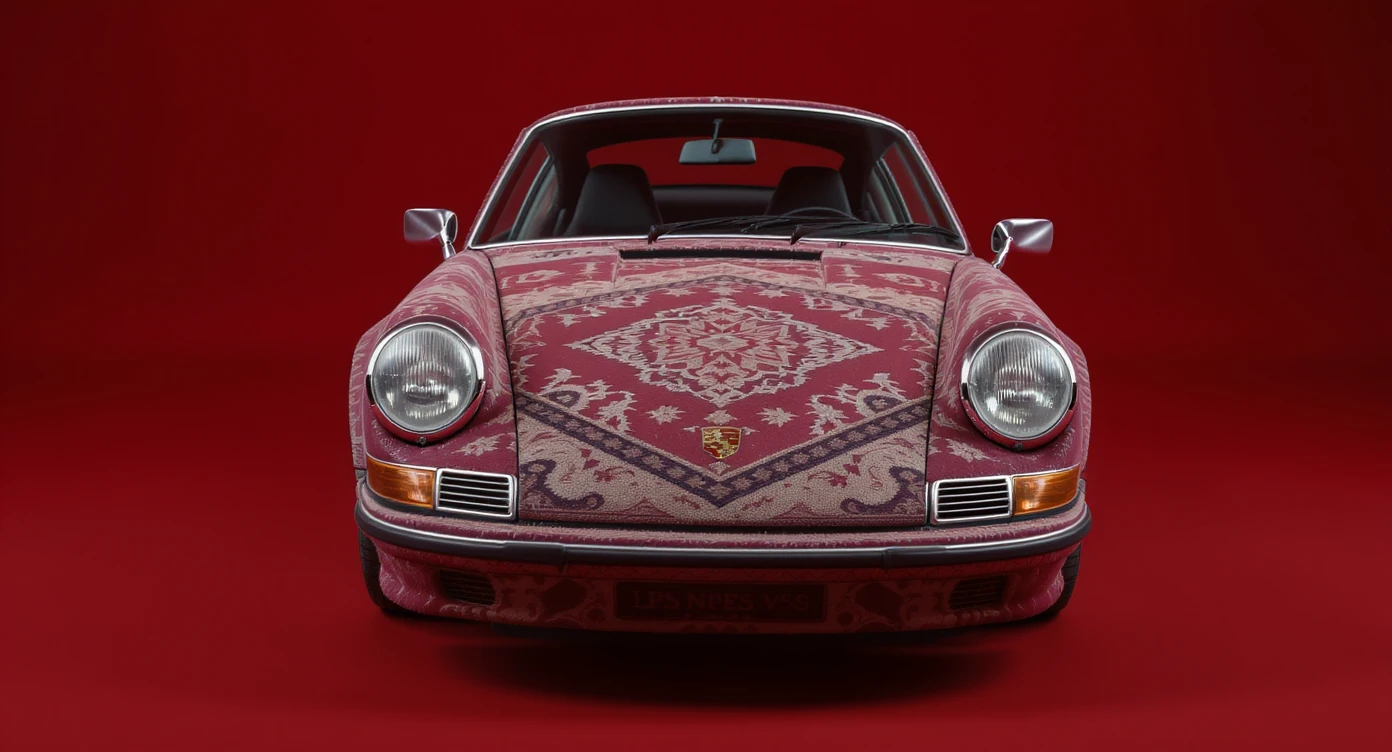 Closeup shot of a porsche 911, body of car made of russian carpet with patterns, red solid studio background,top low key light, dutch angle,  captured by ARRI 65 emoji