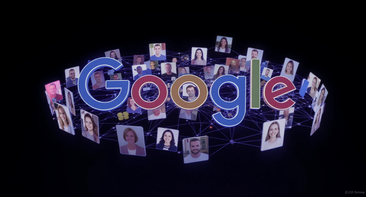 Graphic of a flying aroundg google profiles with 3d disney style faces of people (Gradient black and blue background) emoji