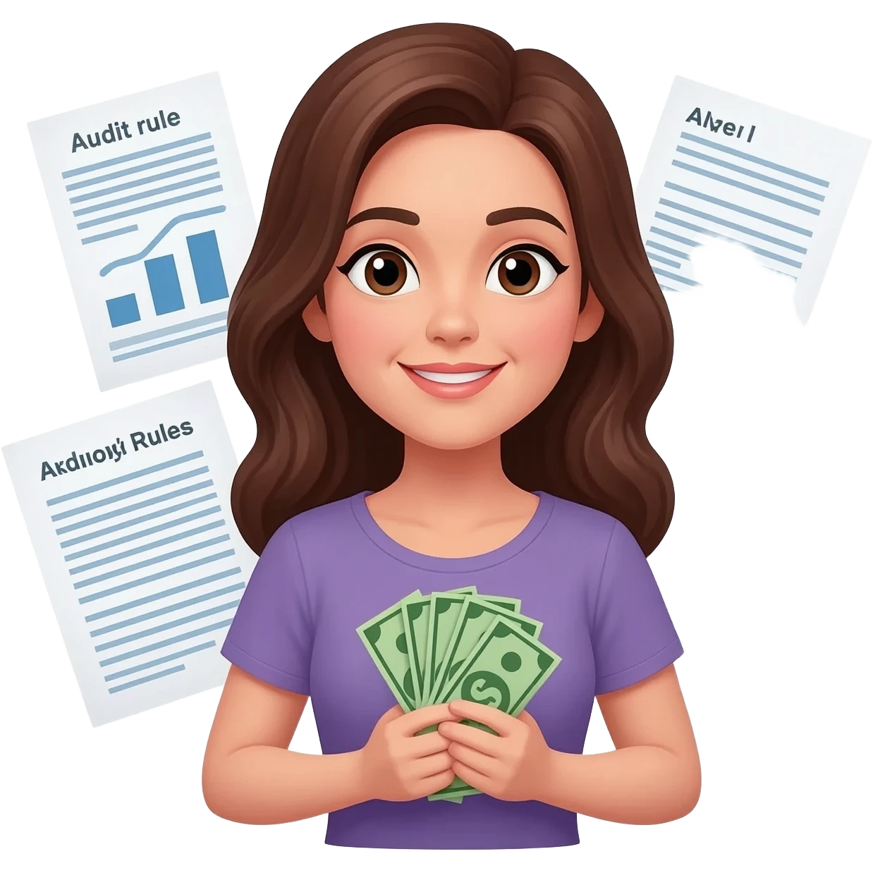 Brown haired woman with money and audit rules around her emoji