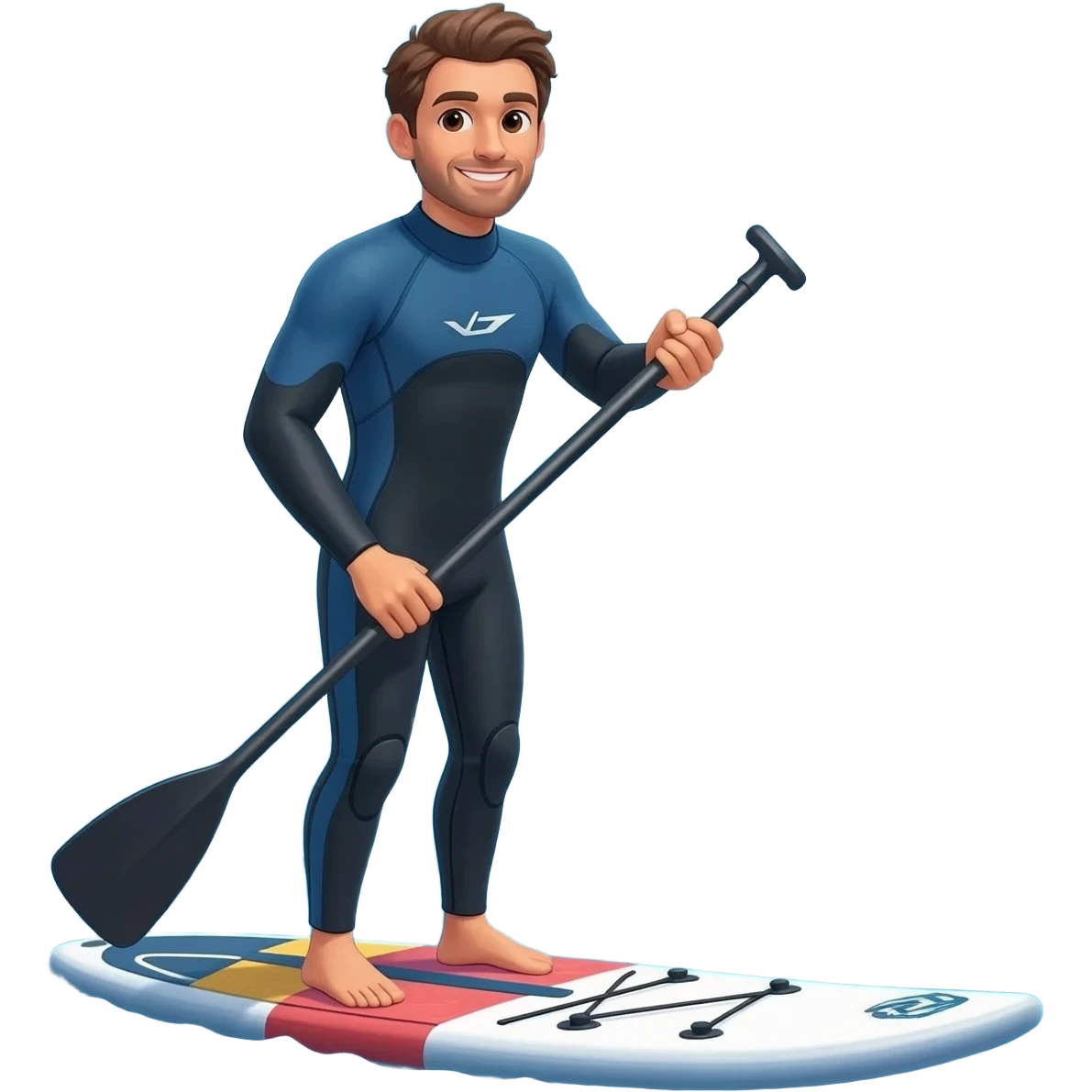 Man in a wetsuit stood on a Stand up paddle board floating on the sea with a paddle in his hands with the sea sky on a sunny day emoji