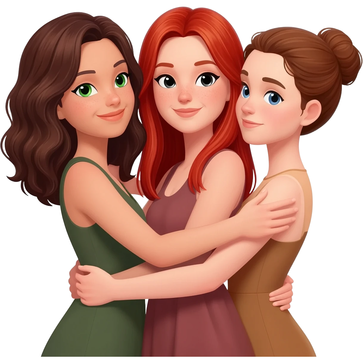 Même  photo mais les filles se prennnent dans les bras :Emoji trouplr femme: à gauche: brune cheveux aux épaules, ondulés et châtain foncée, yeux verts. Au milieu rousse aux yeux noirs, cheveux longs et raides. À droite : châtain avec chignon et yeux bleus. Les trois sont de couleur de peau blanche. emoji