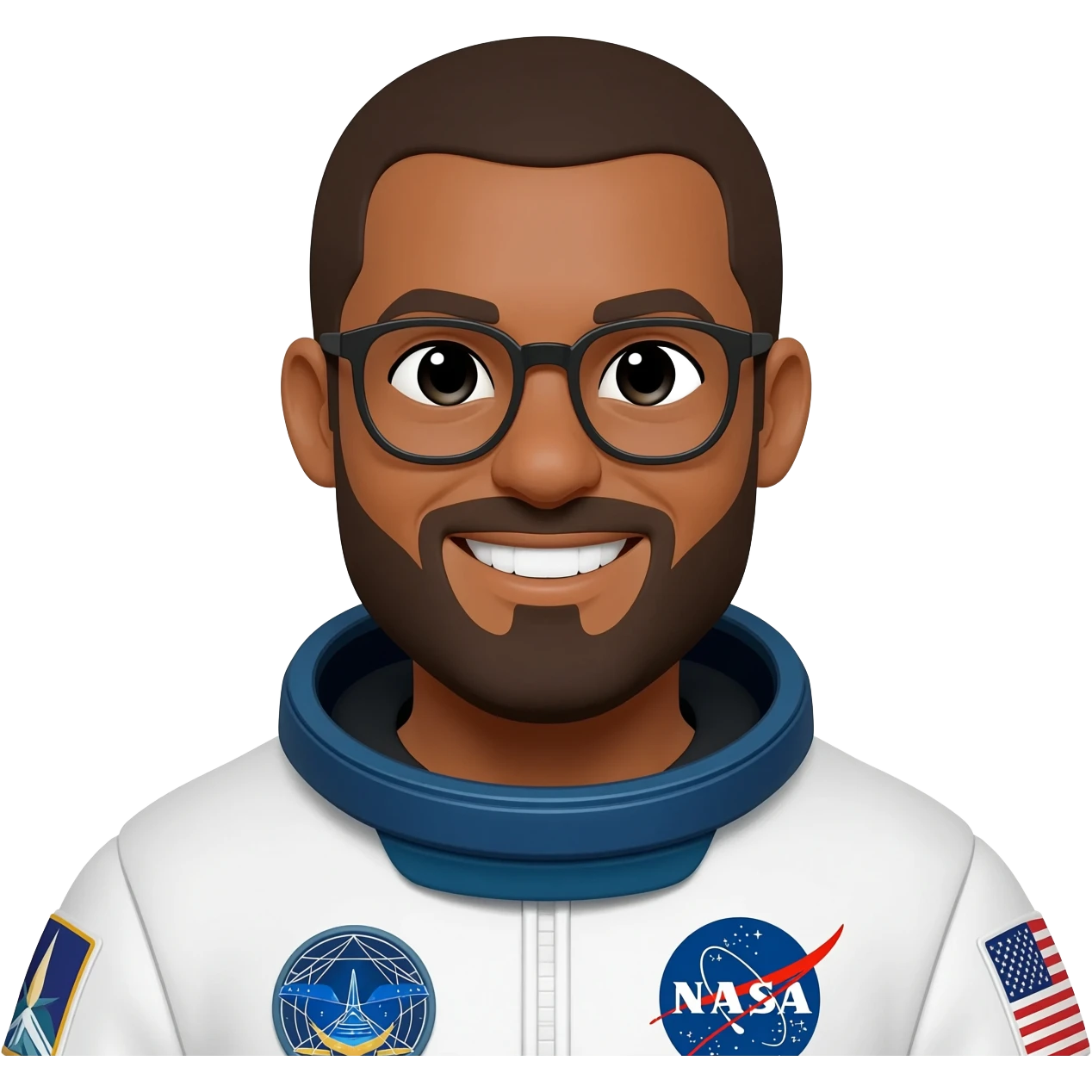 astronaut brown skin, black eyes, glasses and beard smiling emoji