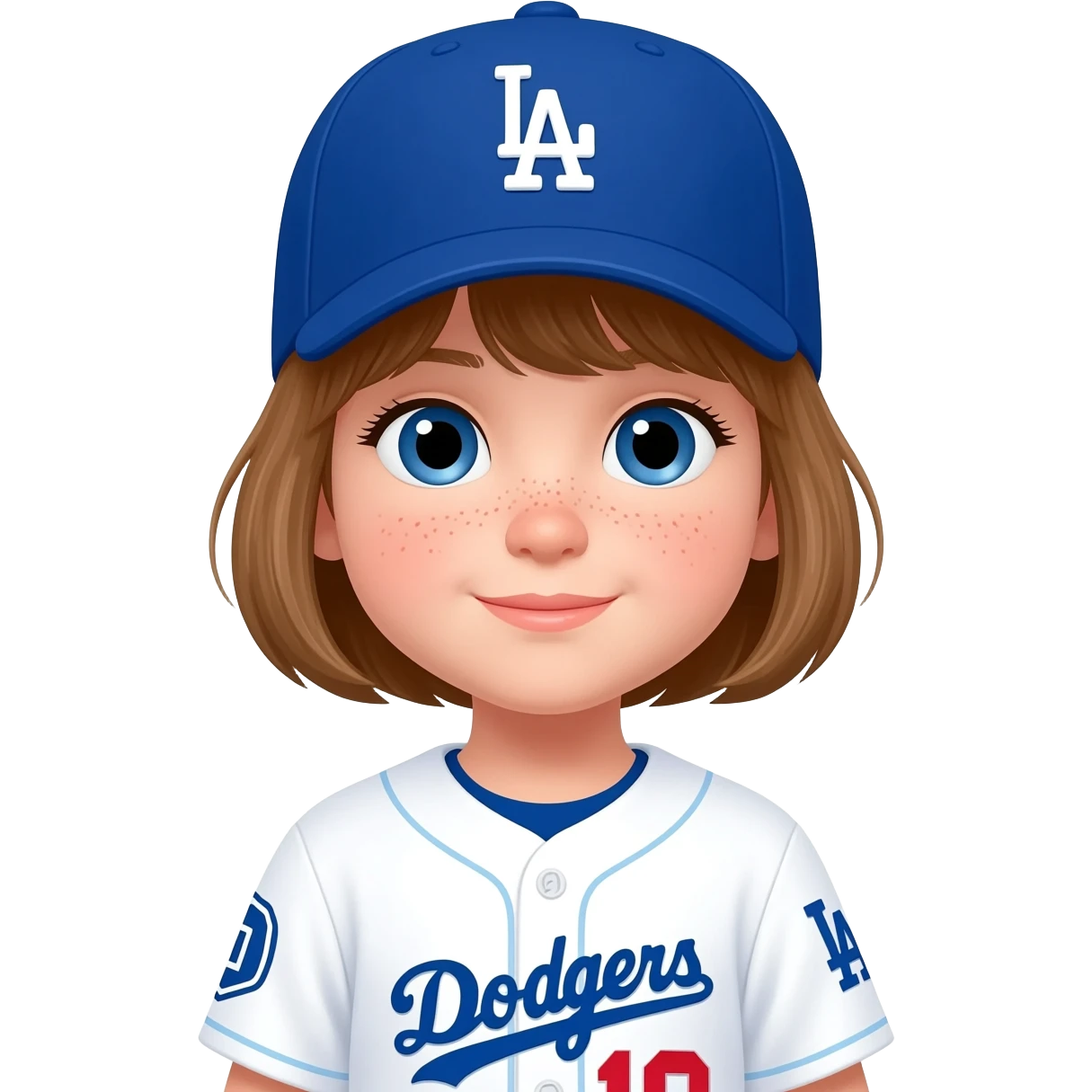 toddler girl in a white dodgers uniform with baseball cap with light brown short hair and blue eyes emoji