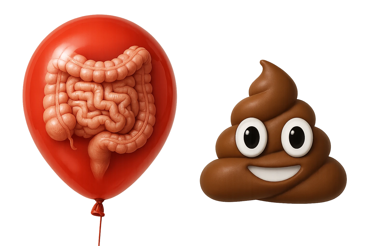 intestino umano anatomico chiuso in un palloncino rosso che simboleggia gonfiore, accanto un simbolo di cacca stile emoji iphoneche simboleggia "diarrea", iperrealistico 4k emoji