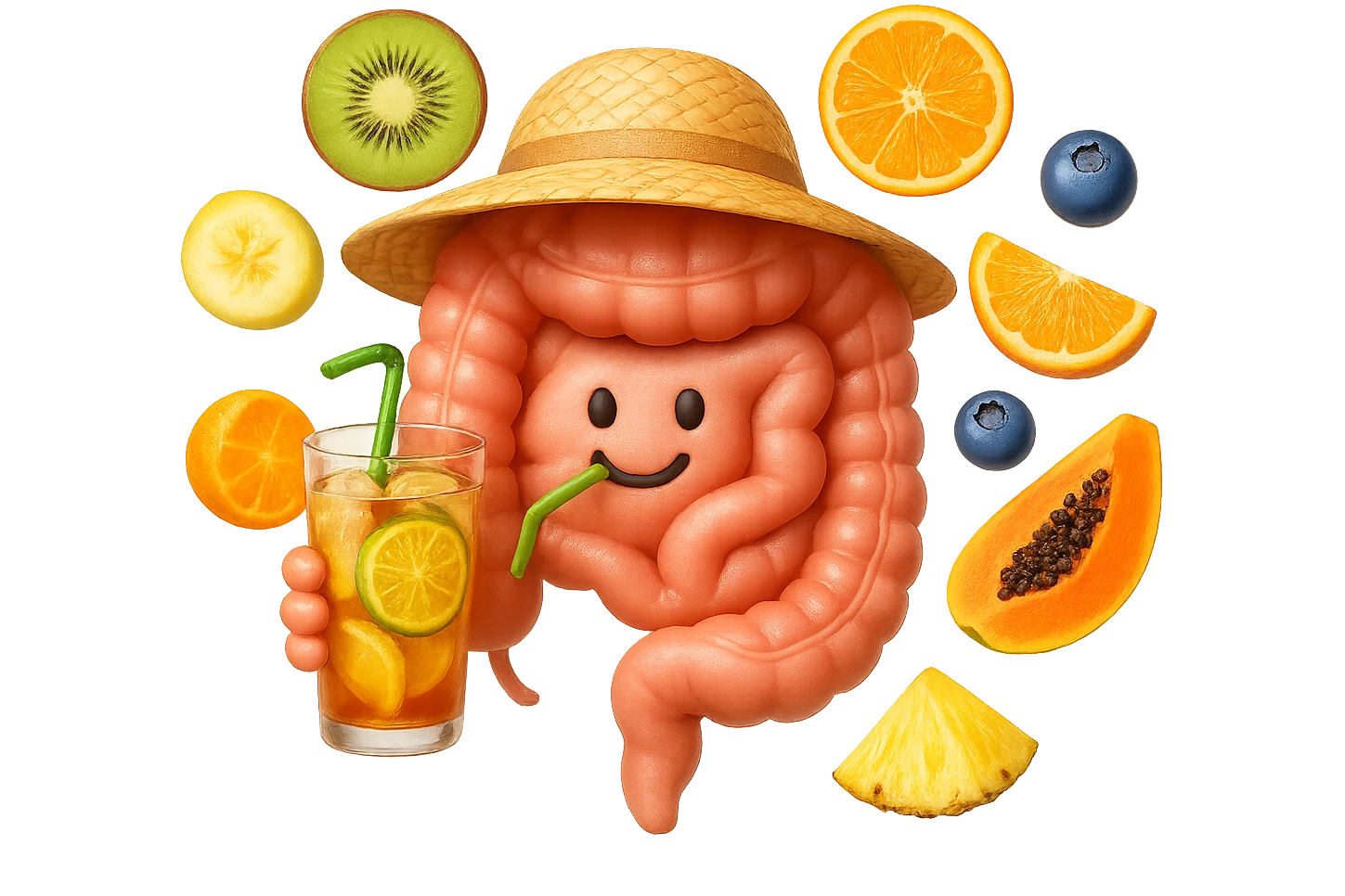 EMOJI STILE IPHONE DI INTESTINO UMANO REALISTICO CON CAPPELLO DI PAGLIA DA SPIAGGIA CHE BEVE UN Tè FREDDO IN BICCHIERE DI VETRO CON DENTRO  fette di cetriolo, limone, lime, DIETRO L'INTESTINO FLUTTUANO PEZZETTI DI Kiwi
Banana acerba
Arance e mandarini
Mirtilli
Ananas
Papaya
IPERREALISTICO 4K emoji