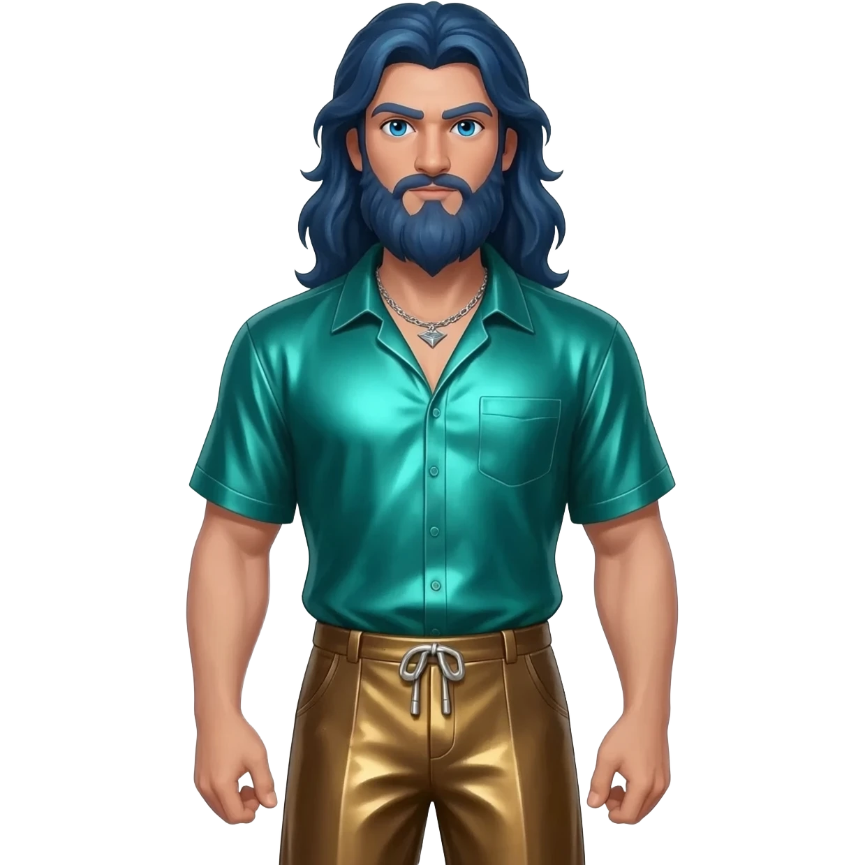 Poseidon from Greek Mythology with blue eyes, long dark blue hair, sea green metallic shirt, bronze metallic baggy pants, silver necklace emoji