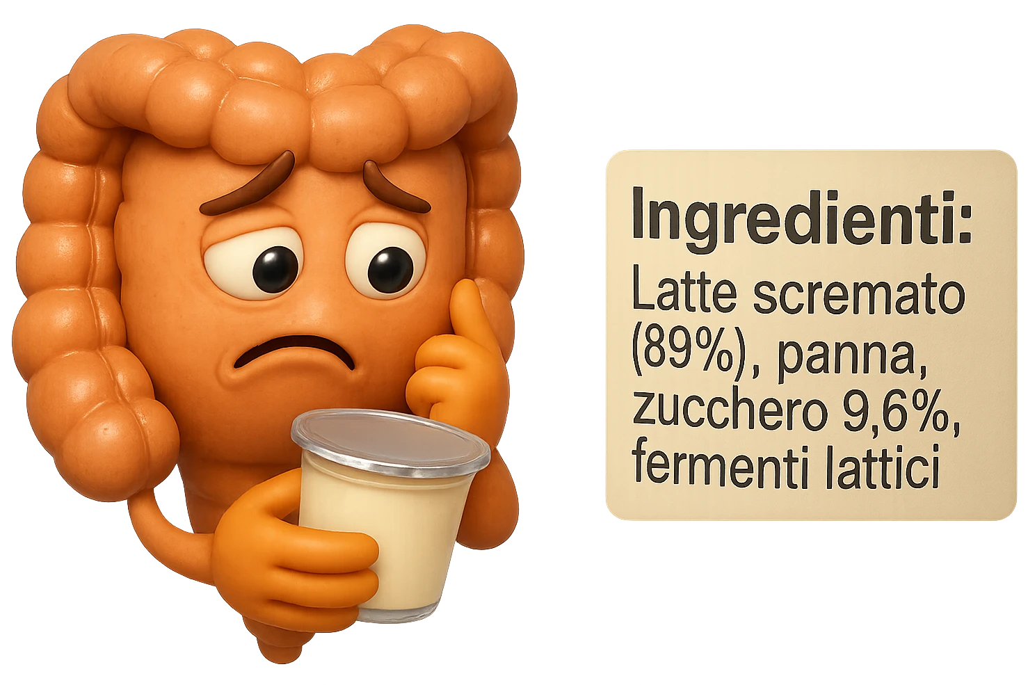 SU QUESTO STILE FAI UN EMOJI STILE IPHONE 3D DI UN INTESTINO CHE HA IN MANO UN BARATTOLO DI YOGURT CONFEZIONATO DA SUPERMERCATO E LEGGE L'ETICHETTA NUTRIZIONALE CON GLI INGREDIENTI IN ITALIANO, ACCANTO ALLO YOGURT CHE HA IN MANO C'è UN FOCUS SULL'ETICHETTA CON GLI INGREDIENTI SCRITTI, FAGLI UN ESPRESSIONE CONFUSA MENTRE LEGGE E FALLO MOLTO REALISTICO IN 3D emoji