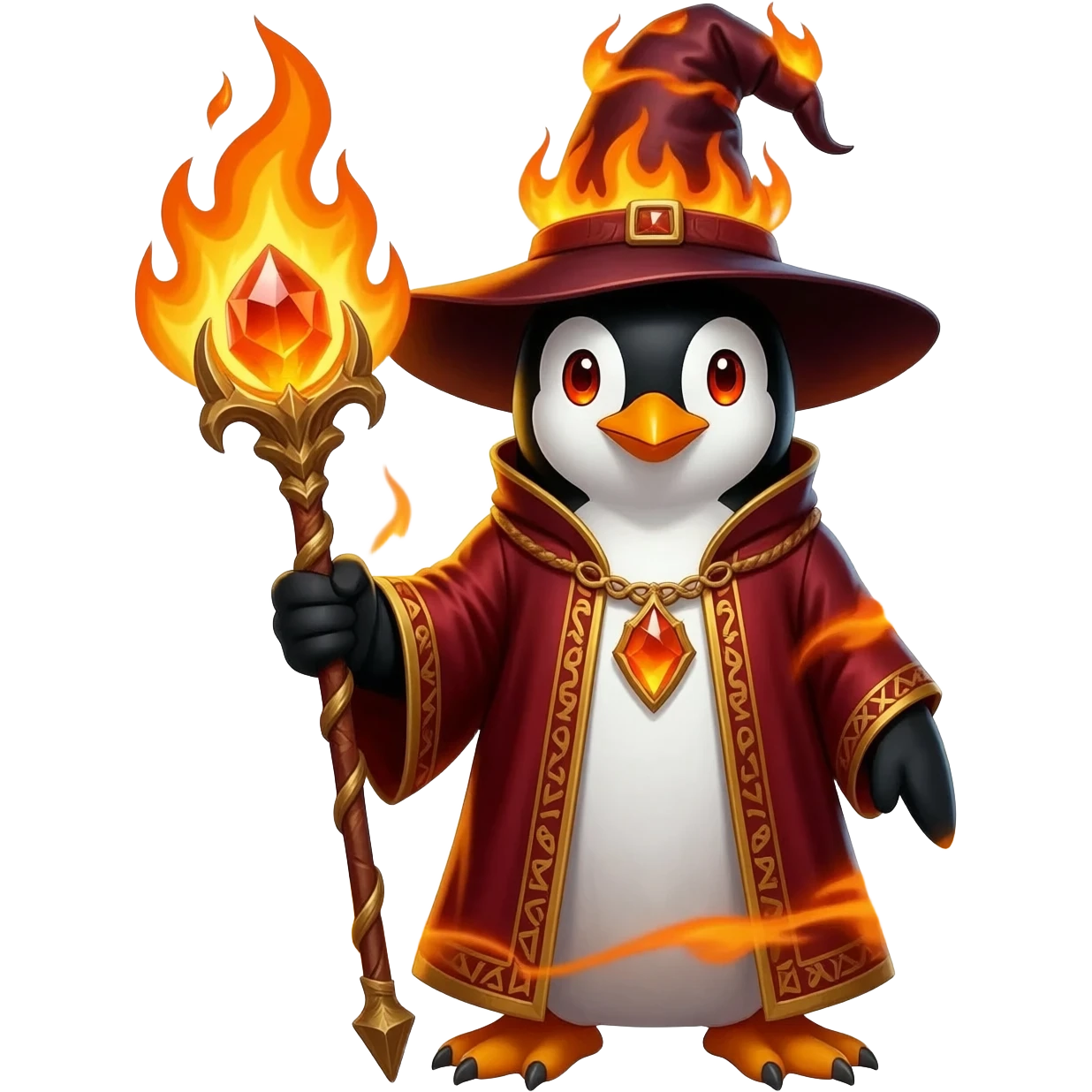 Vibrant fire wizard penguin with black-and-white feathers and glowing fiery-orange eyes. Wearing crimson-and-gold robes with flaming runes and tall wizard hat with burning embers. Holding ornate staff with blazing crystal orb. Swirling orange flames and embers emanate from its body emoji