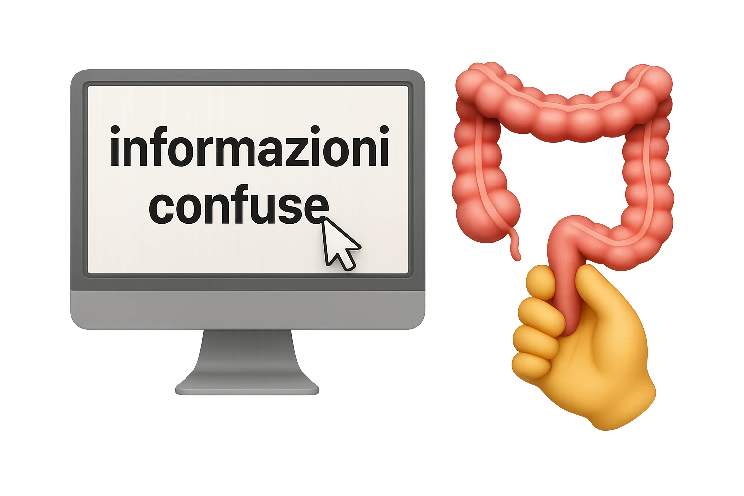 SCHERMO DI PC CON LA SCRITTA "informazioni confuse" SULLO SCHERMO E IL CLICK DEL MOUSE SULLA SCRITTA, stile emoji iphone fluttuano in aria stringendo in mano un pezzo di colon intestinale, iperrealistico 4k emoji