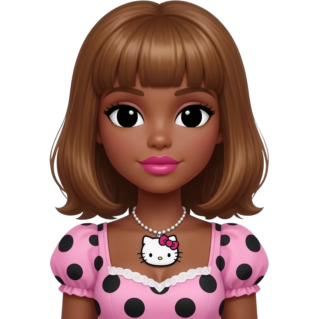 Doll faced shaped, hello kitty necklace, bimbo, black doll eyes, Big lips barbie, dark brown skin with honey brown hair, bimbocore outfit light pink and black polkadots emoji
