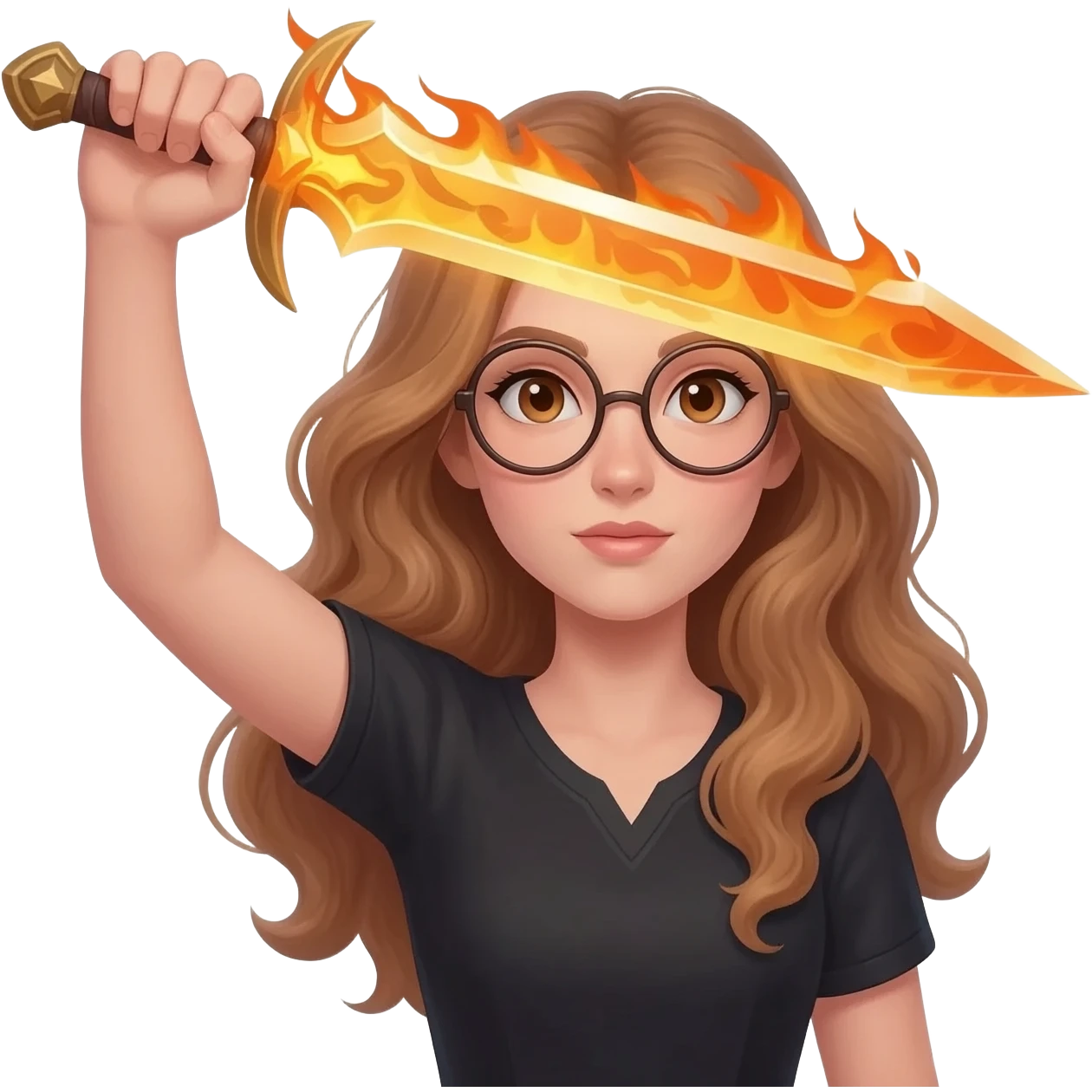 detailed emoji illustration of a woman with long light brown wavy hair and light brown eyes wearing round glasses, raising a flaming sword above her head, heroic fantasy pose, emoji style emoji