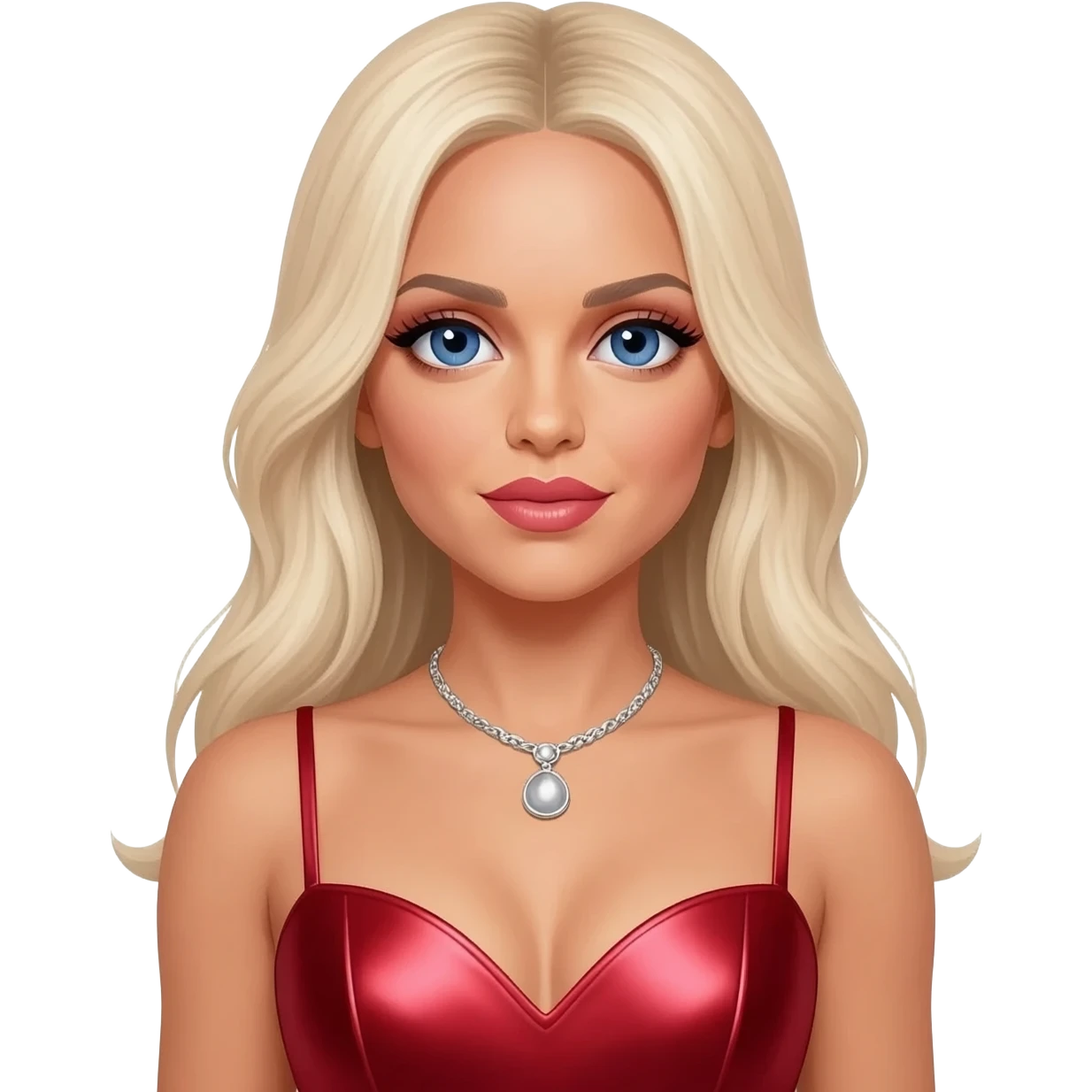 Christina Aguilera with blue eyes, long  platinum blonde hair, ruby red metallic sweetheart dress, silver necklace emoji