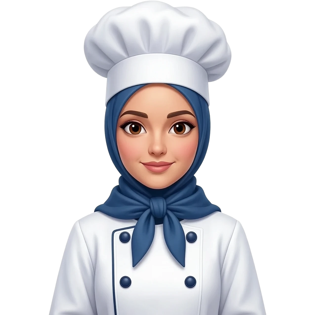 wanita koki dengan baju chef putih, kancing biru, menggunakan hijab yang menutup kepala dan leher, topi chef putih, dengan latar belakang putih emoji