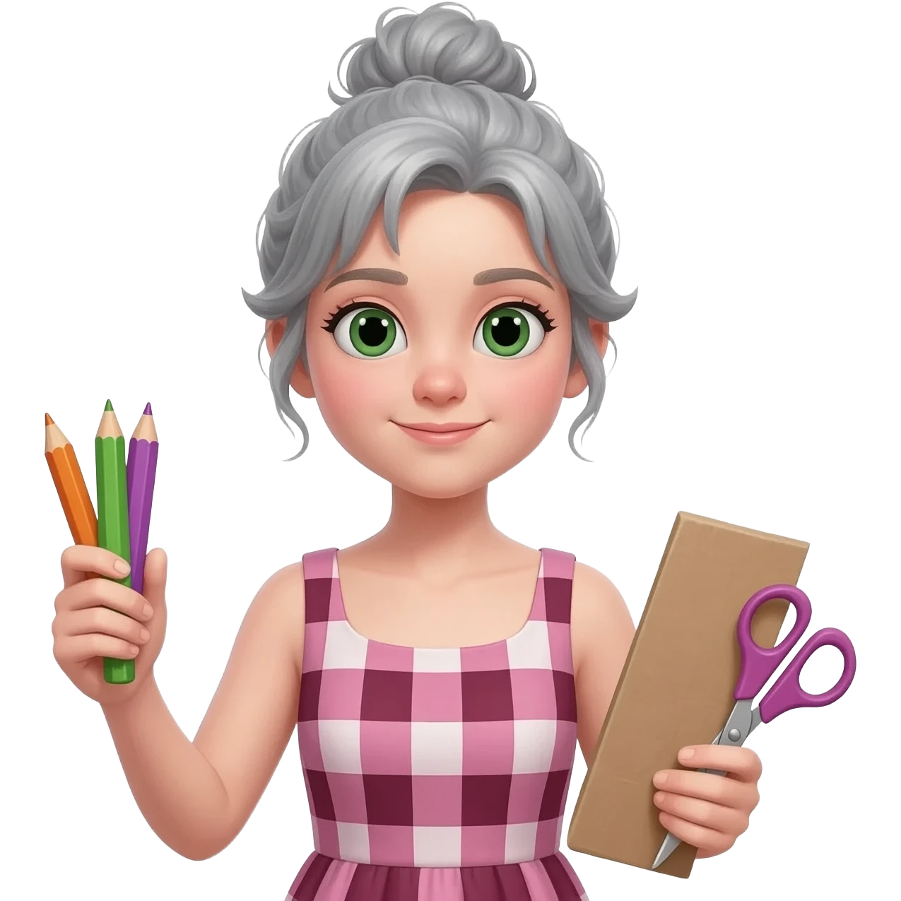 MUJER JOVEN, PELO GRIS, MOÑO INFORMAL DESPEINADO, OJOS VERDES  Y CARA OVALADA VESTIDA CON BATA DE CUADROS ROSA/GRANATE/BLANCA, CON LÁPICES DE COLORES, CARTULINA, TIJERAS emoji