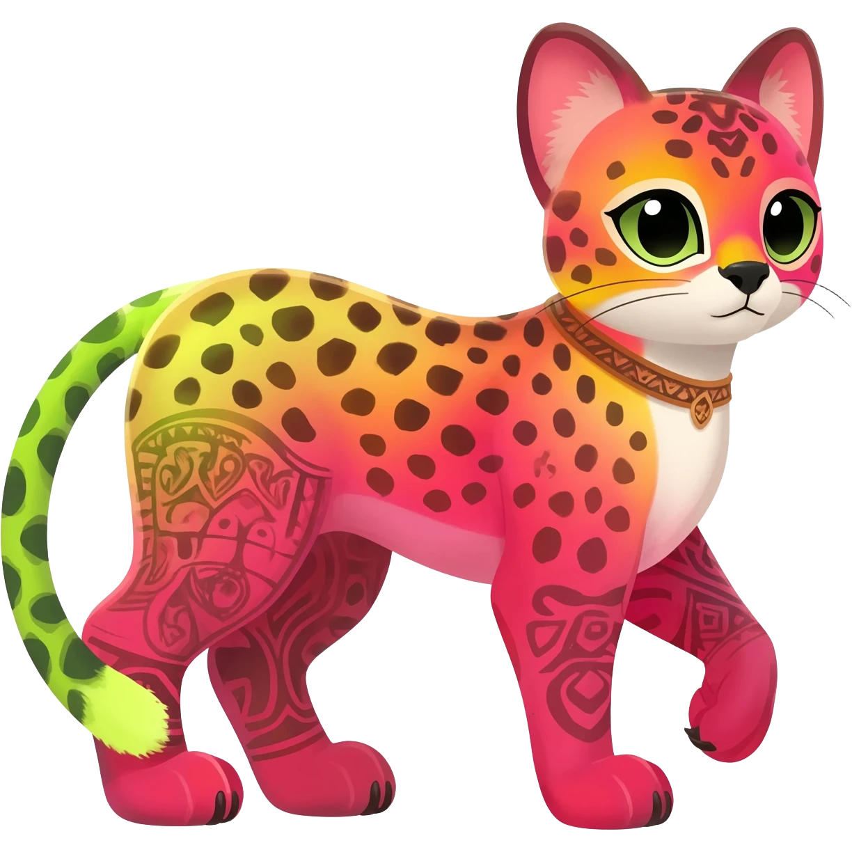 Colorful cute adorable tropical exotic fruity kiwi-green lemony rosy neon-red Caracal-Cheetah-Civet-Trico-fusion-hybrid-animal-creature, full body, with tribal tattoos emoji