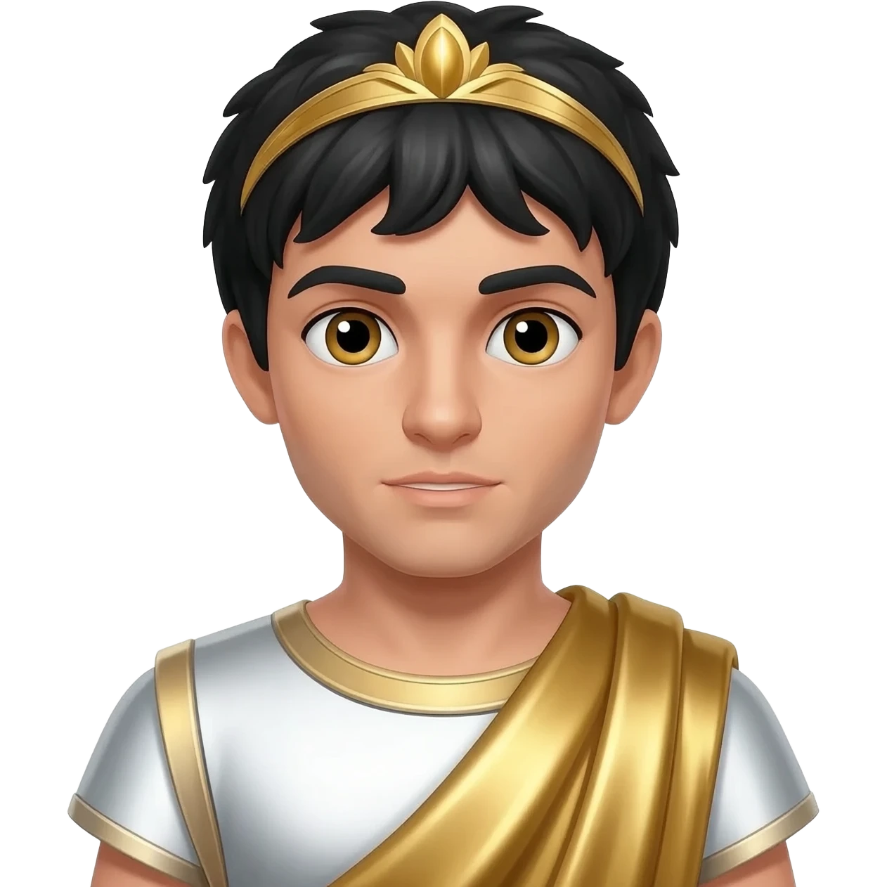 Ptolemy from Rome Mythology with hazel eyes, black hair, white metallic tunic, gold metallic cloak, gold diadem emoji