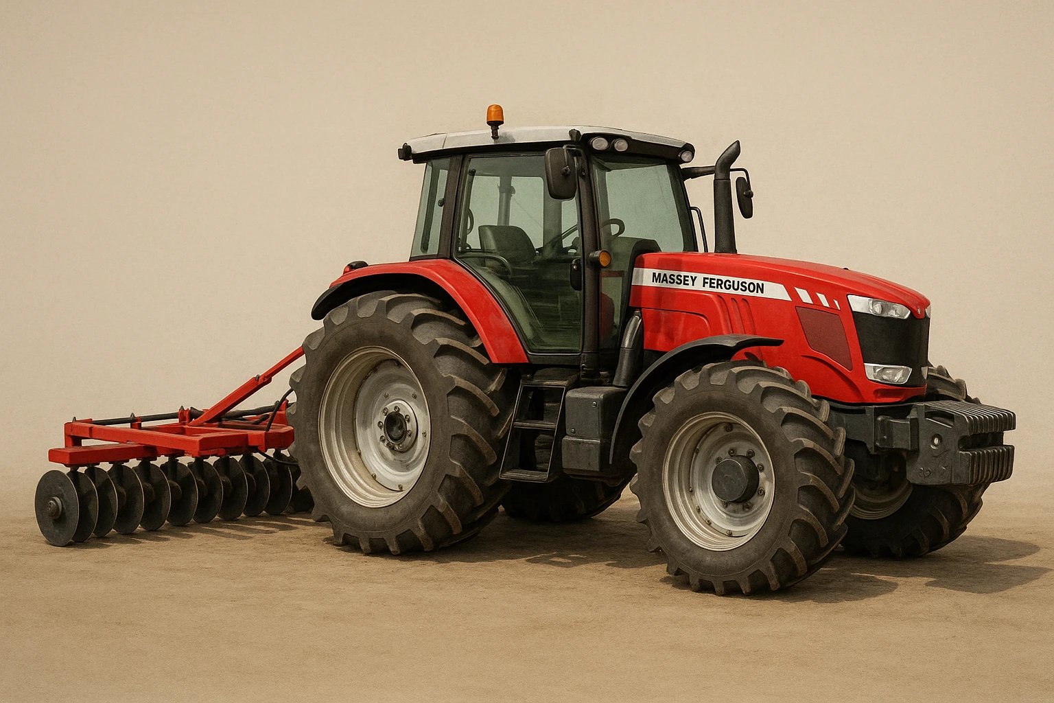 A Massey Ferguson tractor pulling a Disc Harrow, farm equipment, realistic style, simple background. emoji