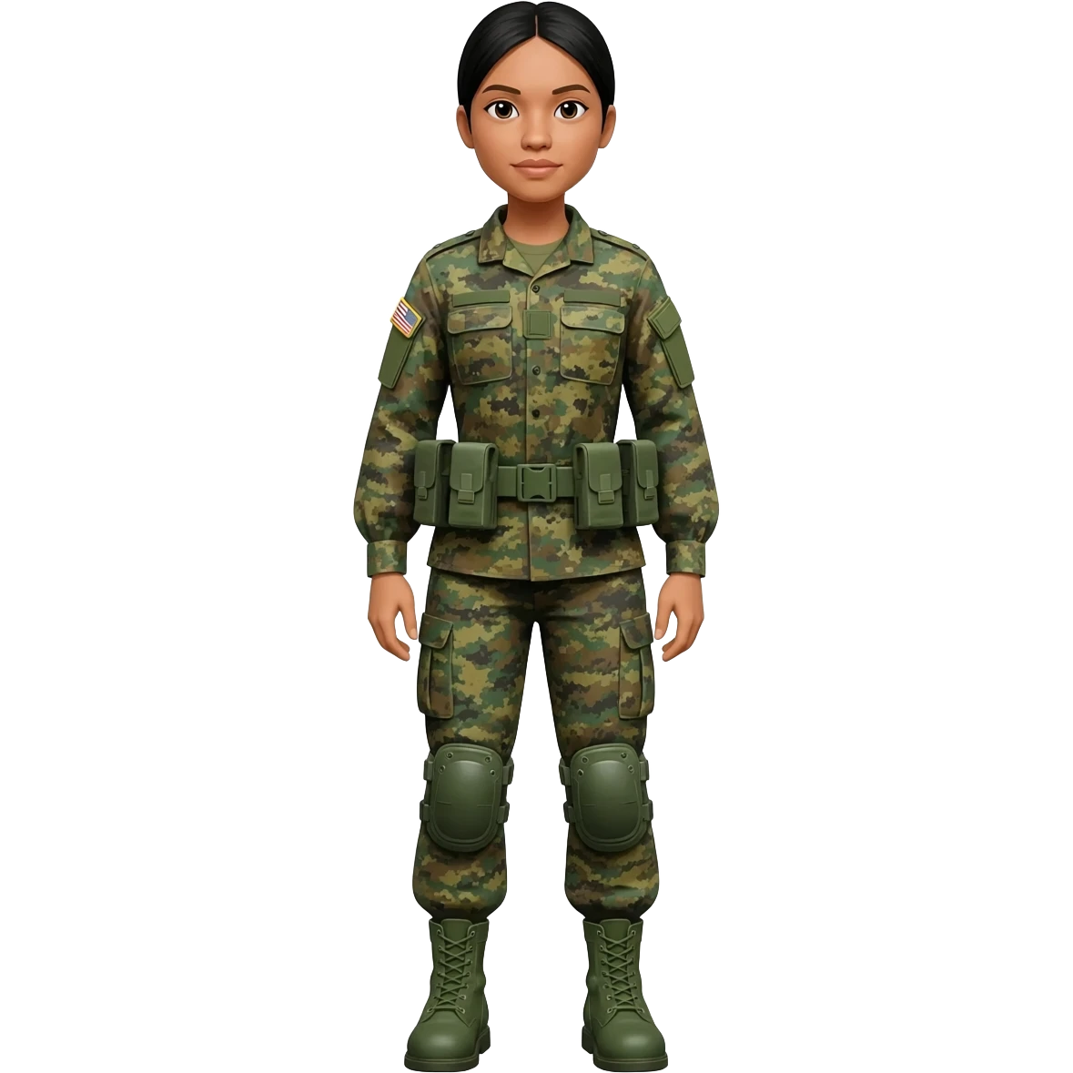 Filipino female army soldier bdu camo with green combat boots no plate carrier and no belt no knee pads long sleeve emoji