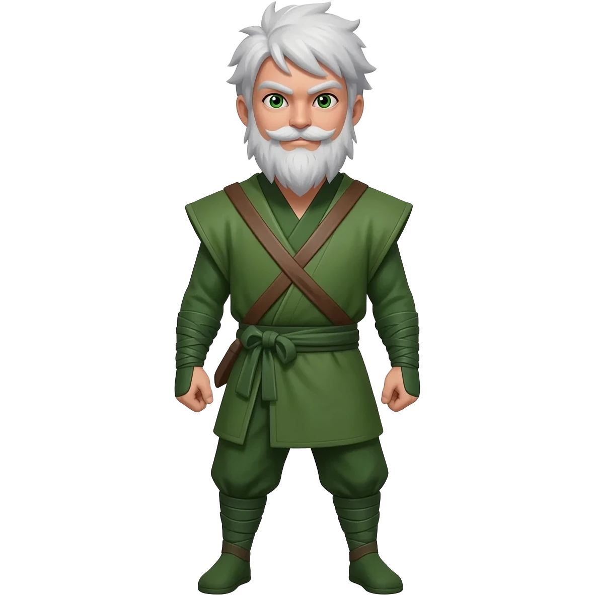 ninja vila folha estilo realista...  cabelo branco  olhos verde barba com bigode branco corpo completo emoji