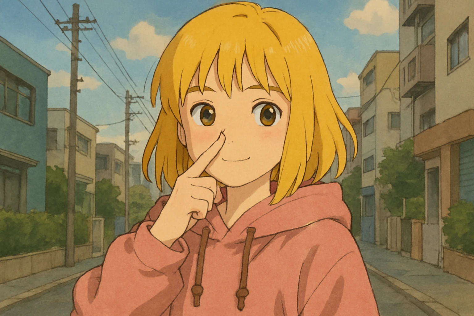 A girl yellow hair brown eyes pink Urban Heavy Loose Fit Hood Sweat touch your nose  emoji