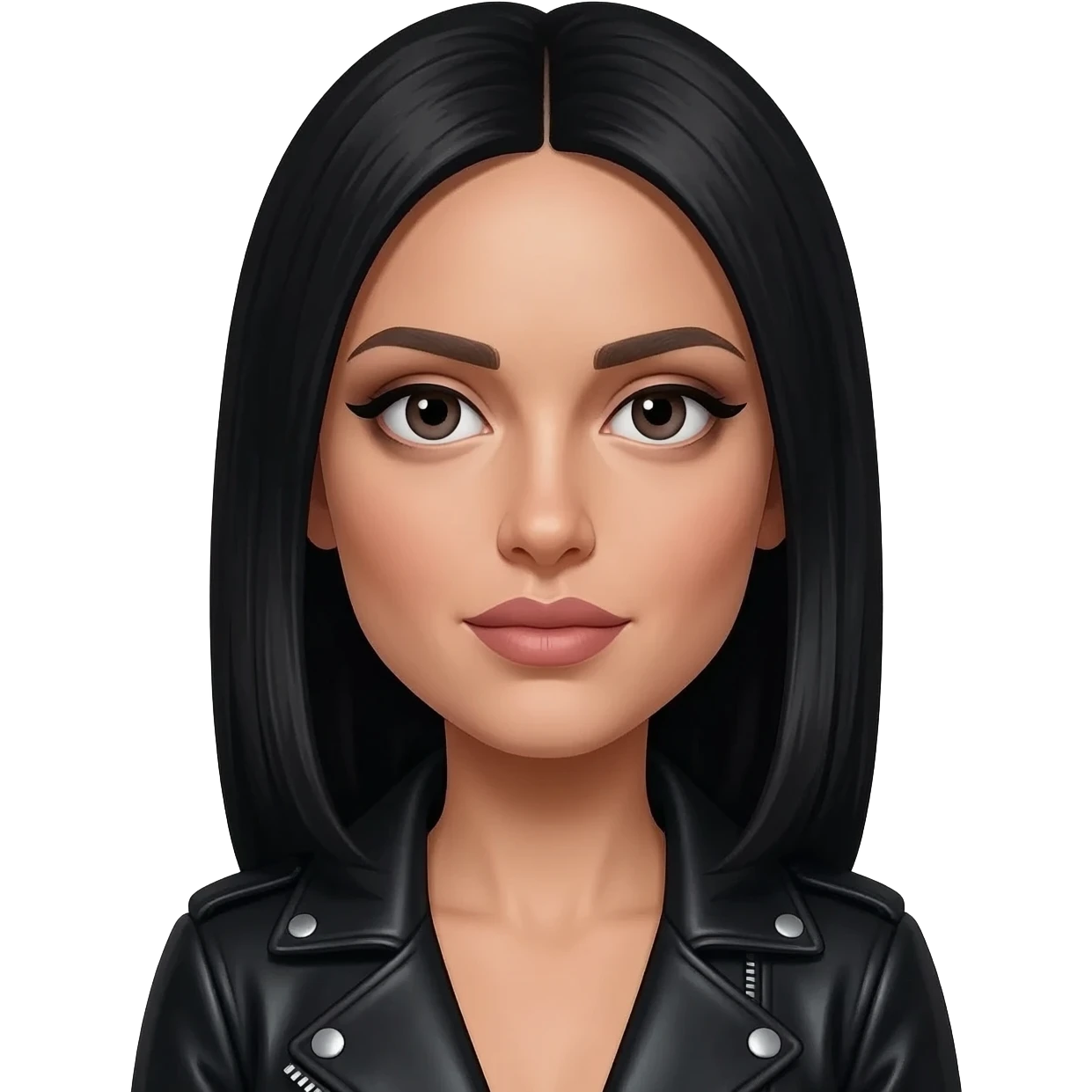 hyperrealistic foto of an italian very white woman with black long straight hair, cheekbones, long nose, almond eyes, very thin lips, eyeliner and black leather jacket that looks like laura pausini emoji