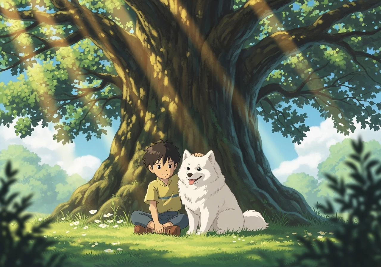 kid and his pet dog in studio ghibili style emoji