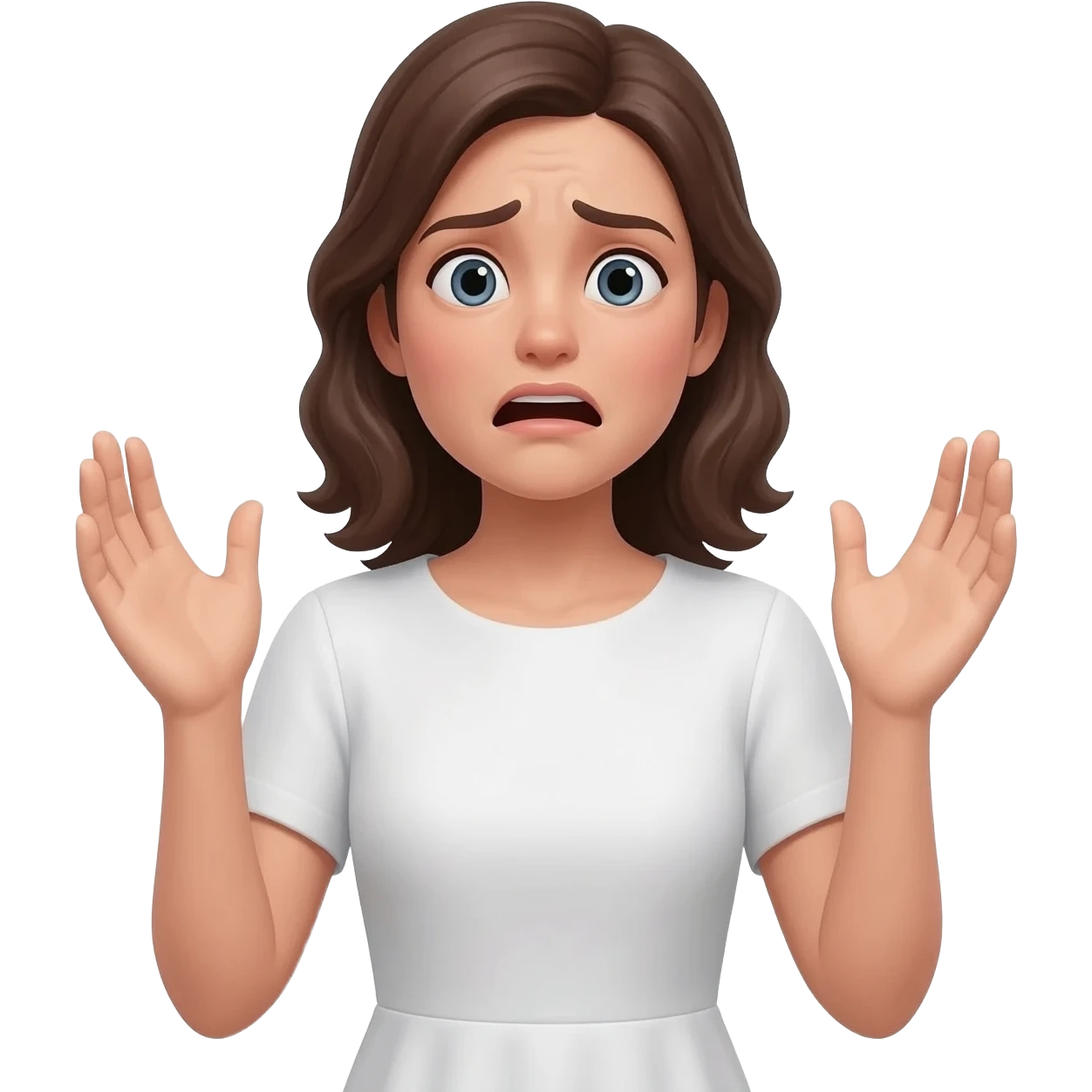 generata a woman facing the front / the viewer. Bodylanguage has to say "im begging please" emoji