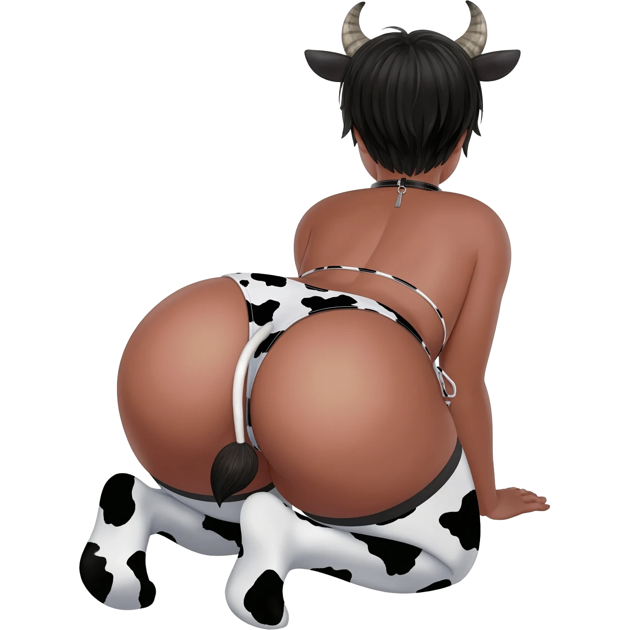 pretty black femboy on his all fours twerking his fat ass with cow ears and cow horns and collar in bikini with cow print in stockings with cow print with cow tail back view emoji