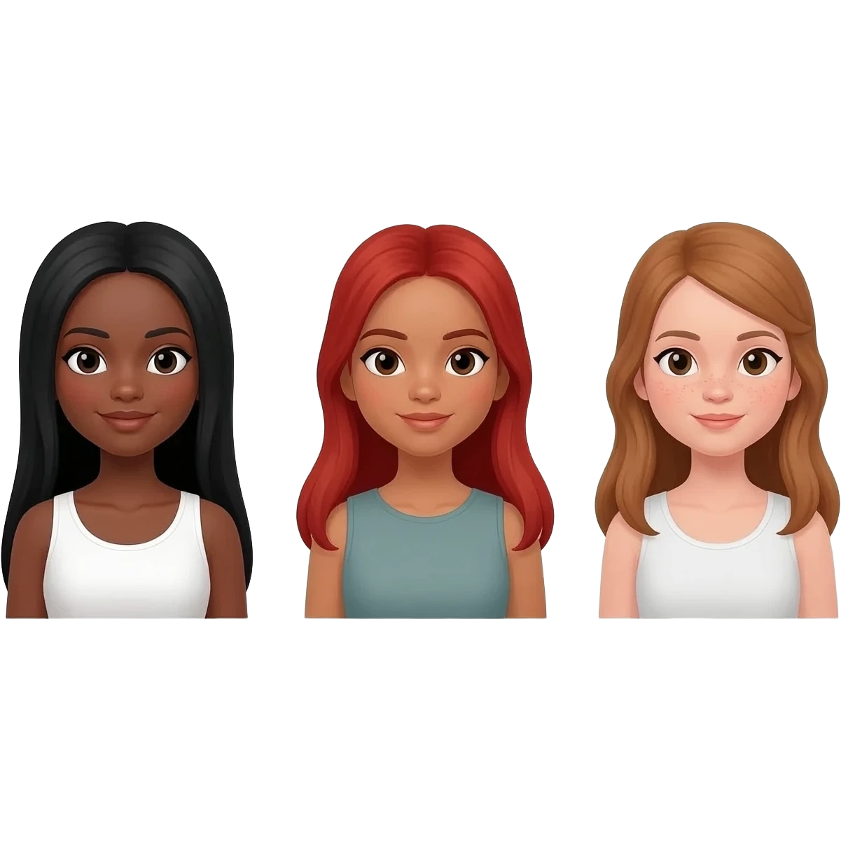 1 dark-skinned girl with long, straight black hair; 1 light-skinned girl with long, light brown hair; 1 girl with long red hair emoji