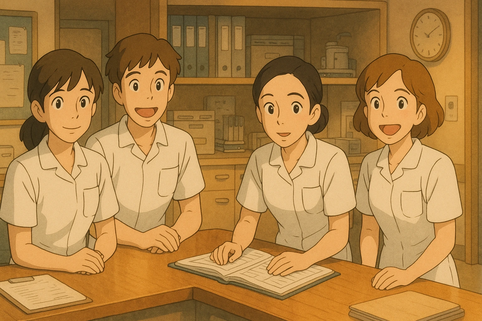 Four nursing students inspired by provided photos, in a care station, Ghibli style, white short-sleeve uniforms with V-neck collar and left chest pocket, no stethoscopes or clothing under sleeves, warm ambiance. emoji