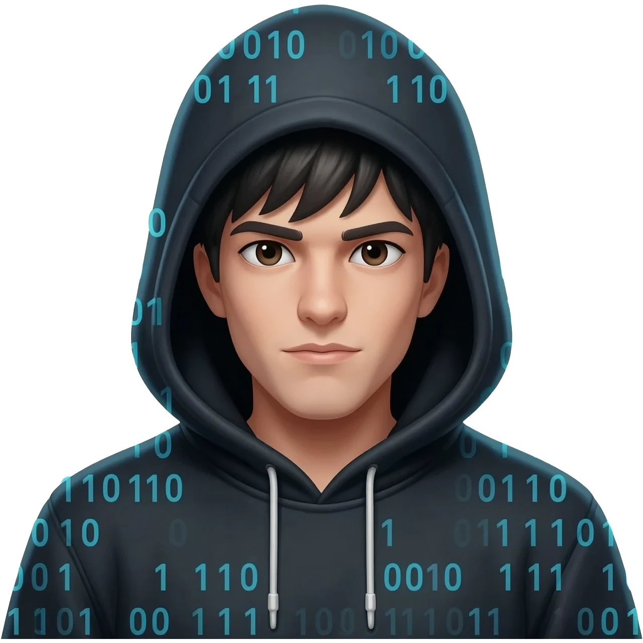 Binary system and "hacker" look, wearing a black hoodie with the hood over the head, hide the hair under the hood so it's not visible at all,  visible face with no masks or hair. emoji