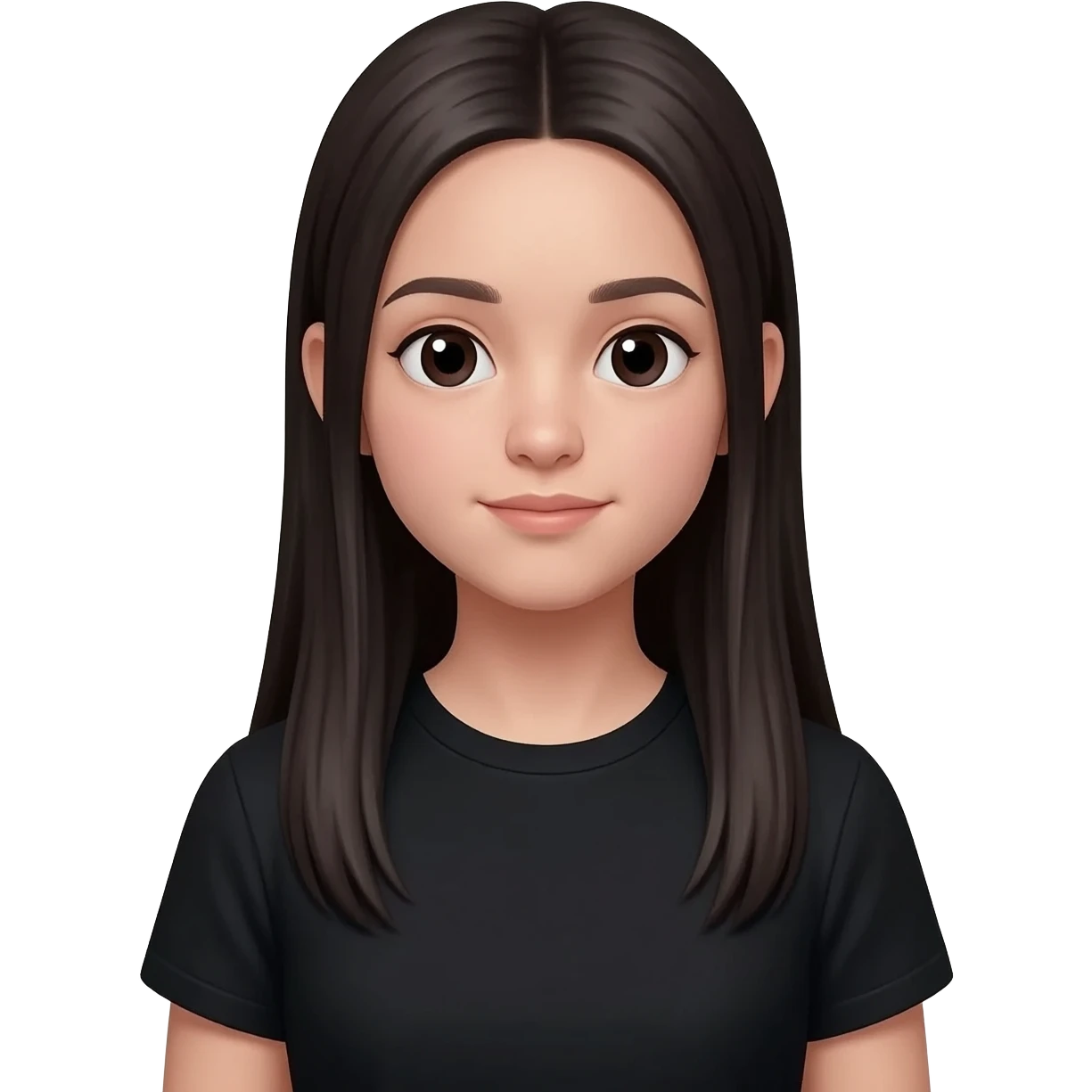 a teenage girl,  black t-shirt, long straight dark hair, emoji