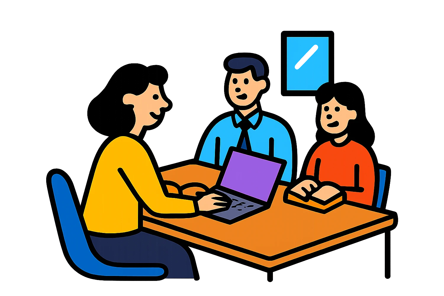 Add a laptop to the meeting office worker, keep the original style and transparent background. emoji