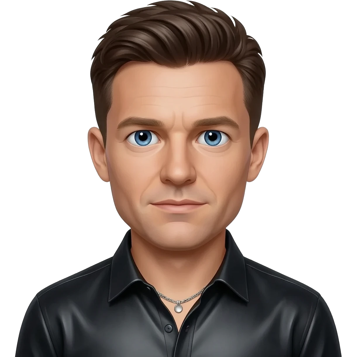 Mark Feehily from Westlife with blue eyes, dark brown hair, black metallic shirt, silver necklace emoji