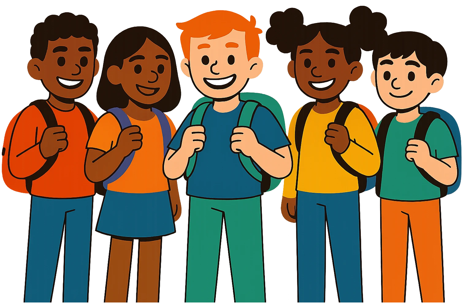 Edit the group of 5 school students in vibrant toon style with a transparent background. emoji