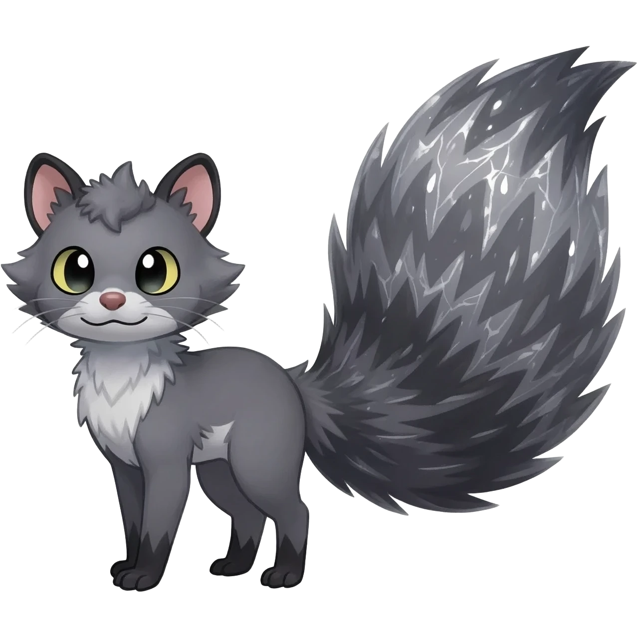stormcell charcoal fur crackling with silver frost-veins and ghost-dust sheen Hyper-realistic beautiful elegant pretty precious cute  Fakémon-Pokémon-opossum-feline-serval-caracal-chinchilla-Furret-Minccino-hybrid-creature with a big fluffy bushy tail (full body) emoji