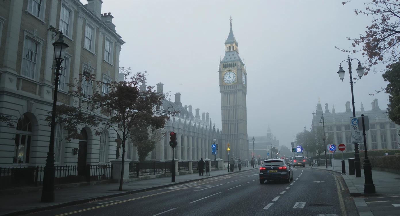 Cinematic shot of a london street, cloudy foggy day, soft light, leading lines to big ben in distance, multi composition, in foreground blurred car, on second street around UK bulding, od another plan in distance big ben, birds flying, artistic look, captured on arri alexa 35 emoji