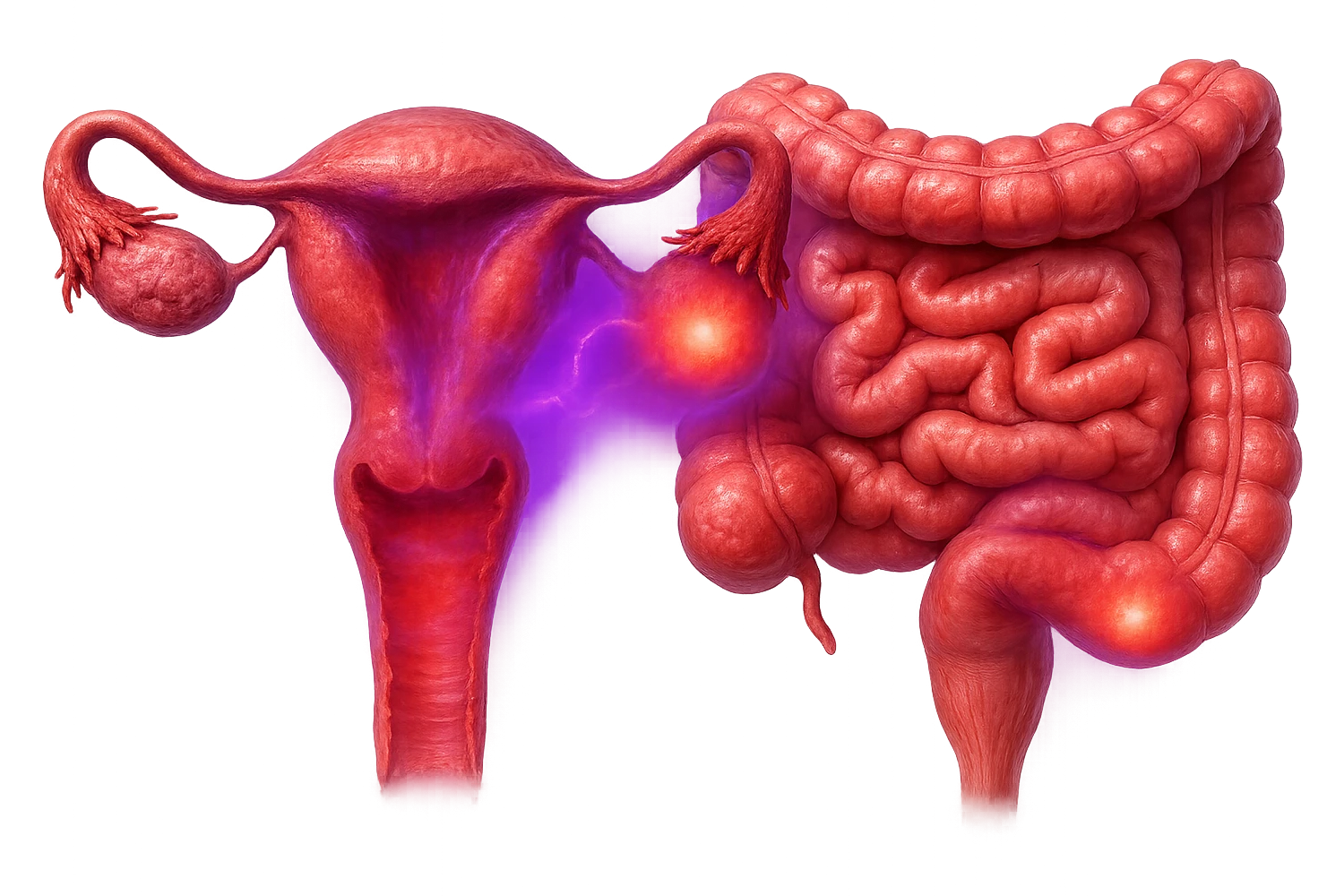 utero umano anatomico iperrealistico e intestino umano anatomico iperrealistico hanno in comune il dolore e l'infiammazione, rendi bene il collegamento tra i due organi doloranti, falla iperrealistica, non disegnata, fai colori che si adattano a questo viola #971ef1 emoji